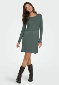 Robe verte jusqu'aux genoux avec une texture en côtes et des manches longues. Associée à des bottes marron jusqu'aux genoux. Encolure ronde simple et coupe décontractée.