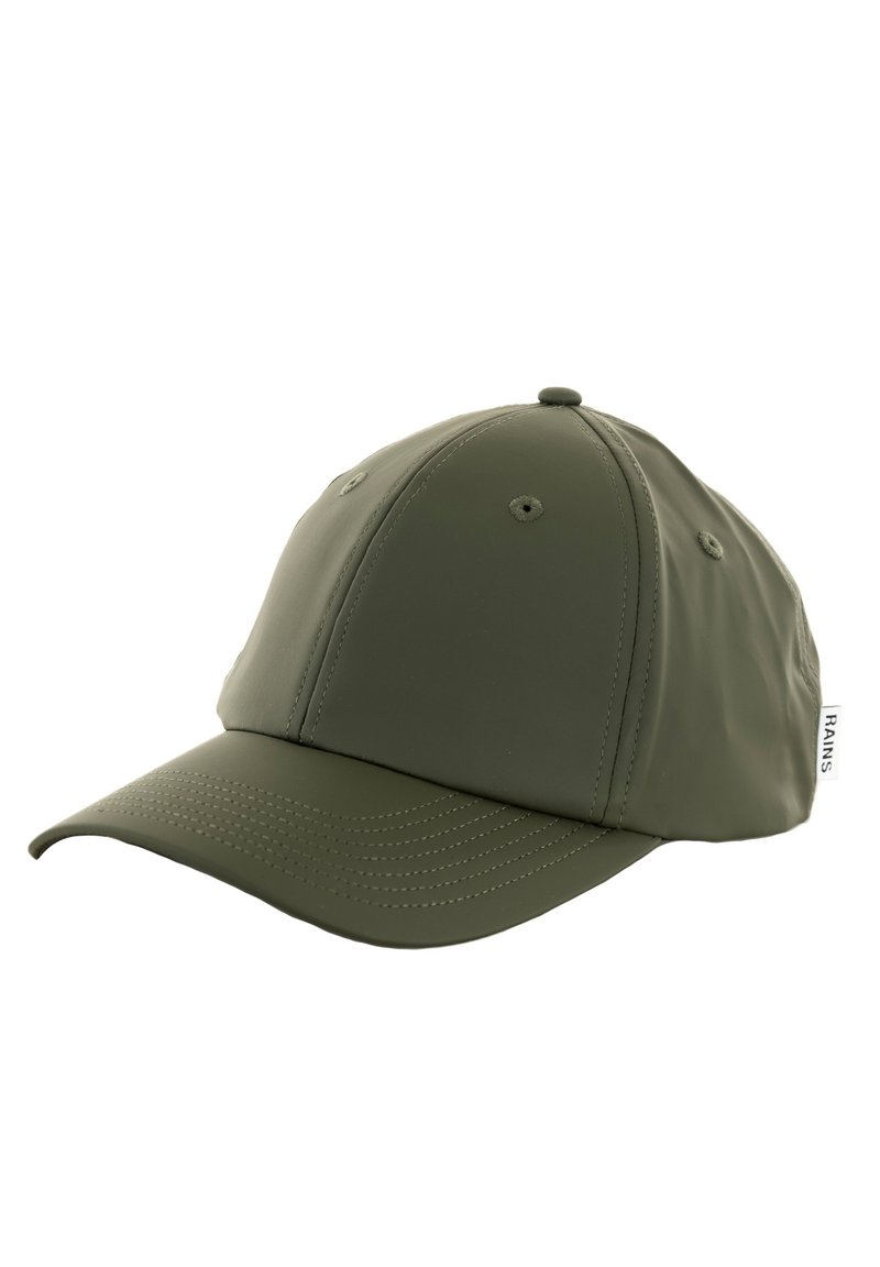 Oliven grønn baseballcaps laget av vanntett materiale, med en sydd skygge og ventilasjonsøyer. Logomerke på siden.