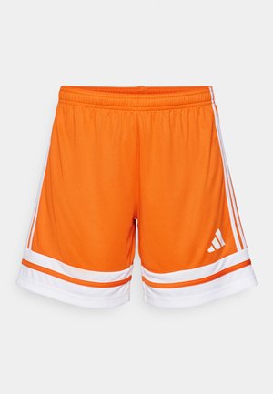 Orange sports shorts featuring a textured fabric, white accents, and three white stripes along the sides. Elastic waistband for comfort.
