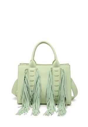 Sac à main en cuir vert pâle avec doubles poignées et longues franges pendantes aux brides avant, forme rectangulaire avec côtés structurés.