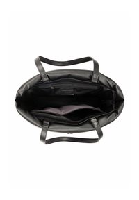 Sac fourre-tout en cuir noir avec deux poignées, doté d'un intérieur spacieux et de plusieurs compartiments, y compris une poche zippée.