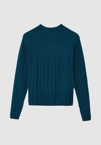 Türkis gestreifter Pullover mit langen Ärmeln und hohem Kragen. Hat einen strukturierten Stoff und eine taillierte Silhouette.