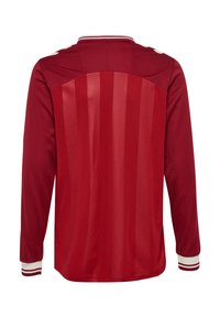 Rotes Langarm-Jersey mit gestreiftem Muster, kontrastierendem weißen Kragen und Bündchen sowie glatter Stoffoberfläche.