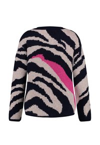 Strickpullover mit Zebramuster in Marineblau, Creme und Pink. Lässiger Schnitt mit langen Ärmeln und Rundhalsausschnitt.