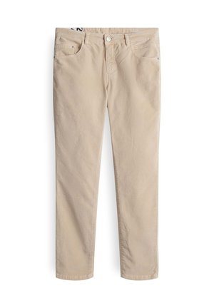 Beige katoenen broeken met een recht gesneden ontwerp, voorzien van voorzakken, een knoopsluiting en subtiele stikdetails.