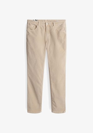 Beige Baumwollhose mit geradem Bein, ausgestattet mit Fronttaschen, einem Knopfverschluss und dezenten Nähdetails.