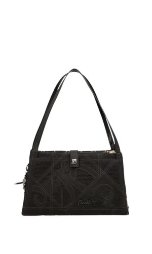 Borsa a mano rettangolare nera con motivi traforati e cuciti, chiusura frontale a scatto e due sottili spalline.