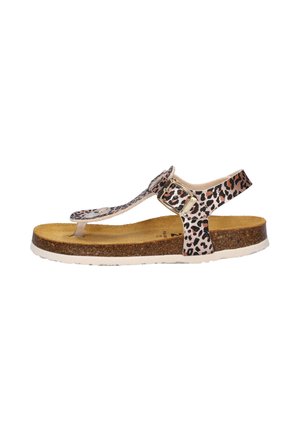 Open-toe sandaal met luipaardprint bandjes, gesp sluiting, kurken voetbed en witte rubberen zool, gezien van opzij.
