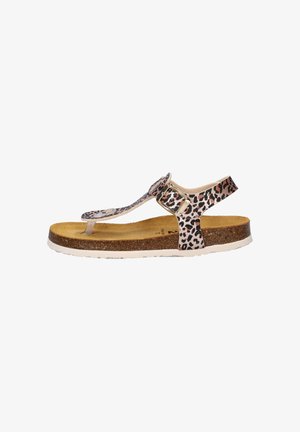 Open-toe sandaal met luipaardprint bandjes, gesp sluiting, kurken voetbed en witte rubberen zool, gezien van opzij.
