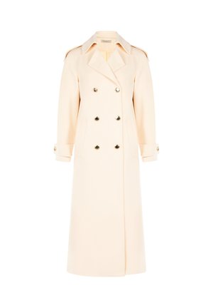 Cappotto trench doppiopetto in morbida lana beige, con bottoni dorati, colletto a punta e tasche laterali, dotato di maniche ampie e leggermente strutturate.
