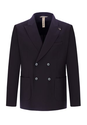 Blazer nero a doppiopetto con rever a lancia, quattro bottoni, due tasche a toppa frontali e una tasca a filetto sul petto, mostrato su sfondo bianco.