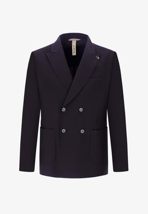 Blazer nero a doppiopetto con rever a lancia, quattro bottoni, due tasche a toppa frontali e una tasca a filetto sul petto, mostrato su sfondo bianco.