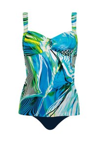Tankini top s viacfarebným abstraktným vzorom v modrej, zelenej a čiernej farbe, s nastaviteľnými ramienkami a skladaným stredom pre väčší detail.