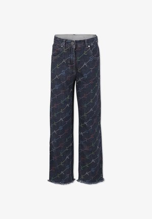 Jean en denim foncé avec un motif multicolore répétitif, coupe droite, ourlet effiloché et style classique à cinq poches.