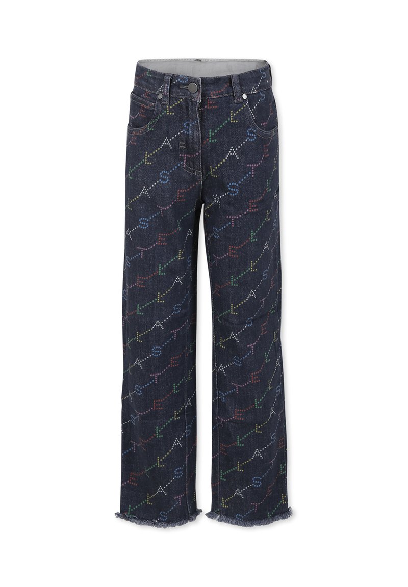 Jeans in denim scuro con un motivo multicolore ripetuto, design a gamba dritta, orlo sfrangiato e classica stile a cinque tasche.