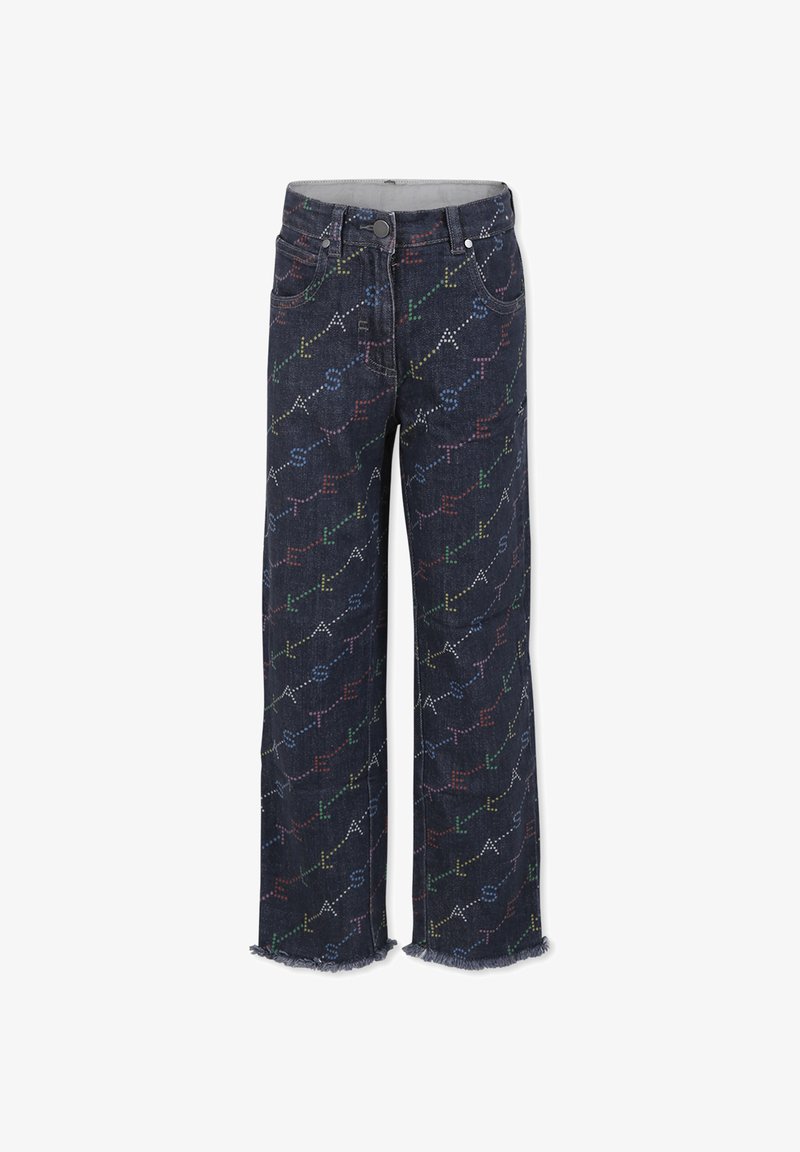 Jeans in denim scuro con un motivo multicolore ripetuto, design a gamba dritta, orlo sfrangiato e classica stile a cinque tasche.