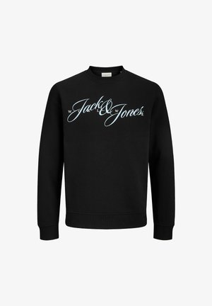Crna dukserica s okruglim izrezom, s velikim svijetloplavim natpisom "Jack & Jones" preko prednje strane. Izrađena od mješavine pamuka.