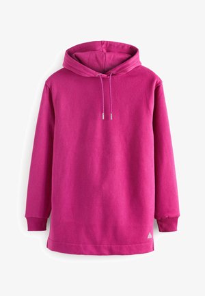 Langärmliger felroze capuchontrui met trekkoordjes en geribbelde manchetten, plat uitgespreid op een witte achtergrond.