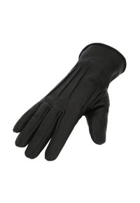 Schwarze Lederhandschuhe mit glatter Textur, passgenauem Design, fünf Fingern und vertikalen Nähten auf der Rückseite für zusätzliche Details.