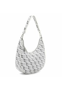 Borsa hobo strutturata bianca e grigia con motivo geometrico, dotata di chiusura con zip e dettagli in metallo argentato.