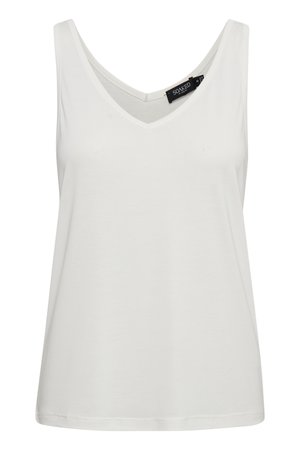 Top sans manches blanc en matériau doux. Il présente un design en V et une coupe décontractée, avec des ourlets cousus et sans motifs ni embellissements.