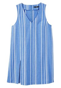 Blaues ärmelloses Kleid mit vertikalen weißen Streifen, V-Ausschnitt und seitlichen Schlitz. Hergestellt aus strukturiertem Stoff mit einem lässigen Design.