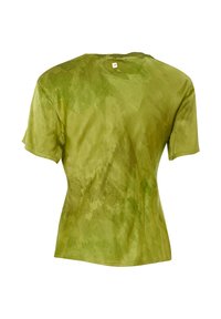 T-shirt verde a maniche corte realizzato in un morbido tessuto testurizzato con un motivo marmorizzato. Collo rotondo e una piccola etichetta con il logo sul retro.