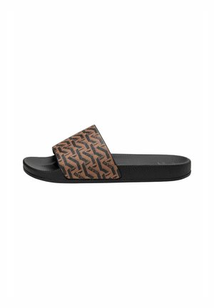 Black slide sandal with a wide, patterned brown strap featuring geometric designs. Textured footbed for grip and molded sole for comfort.