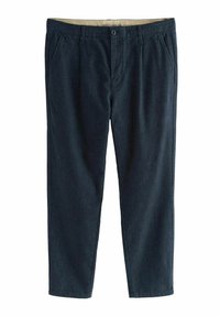 Dunkelblaue, leichte Hosen mit geradem Schnitt, die einen Knopfverschluss, zwei vordere Falten und Seitentaschen aufweisen. Glatte Stofftextur.