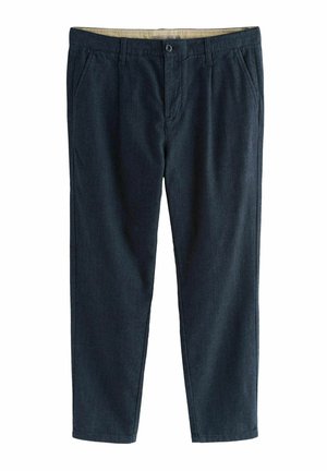 Dark blue, lightweight trousers with a straight cut, featuring a button closure, two front pleats, and side pockets. Smooth fabric texture.