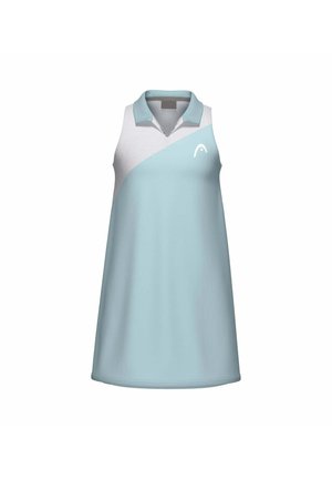 Vestido sin mangas en azul claro y blanco con cuello y pequeño logo en el pecho, diseñado para uso casual o deportivo.