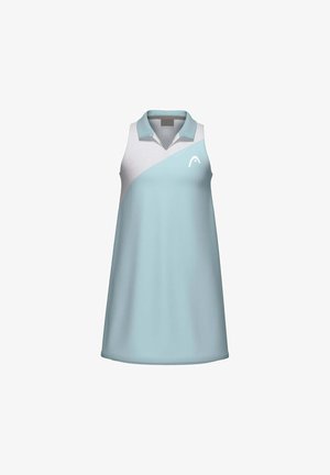 Robe sans manches bleu clair et blanc avec col et petit logo sur la poitrine, conçue pour une tenue décontractée ou sportive.