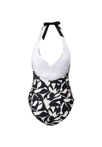 Maillot de bain une pièce avec un design à col croisé, haut blanc avec un bas à motifs géométriques noirs et une texture de tissu lisse.