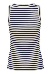 Top a righe con texture a coste, strisce orizzontali blu navy e crema, scollo rotondo e design senza maniche.