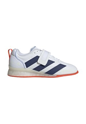 Hvid sportsko med marineblå striber, tekstureret overdel og en velcro-rem. Har en orange gummisål.