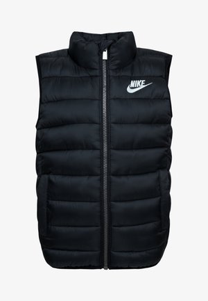 Chaleco sin mangas acolchado y con diseño de cuadro negro, con cremallera frontal y logo blanco de Nike en el pecho izquierdo.