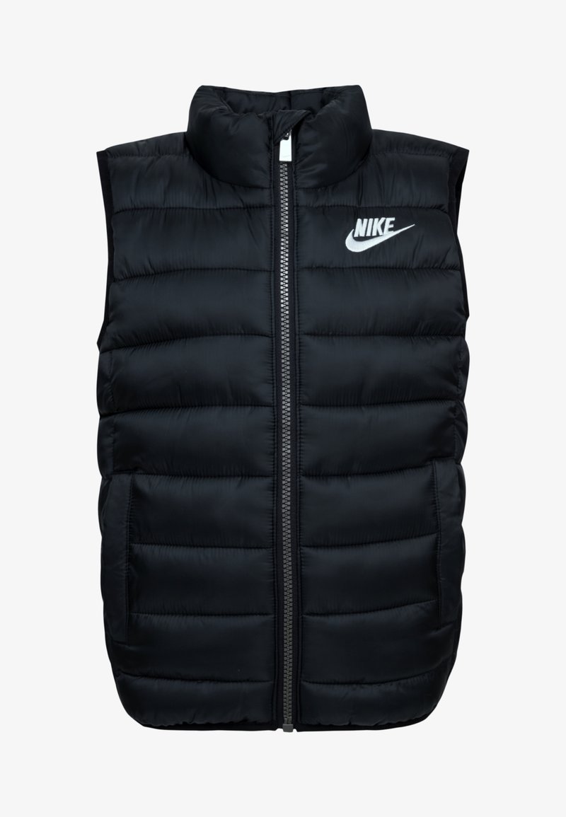 Schwarze gesteppte, wattierte ärmellose Weste mit Frontreißverschluss und weißem Nike-Logo auf der linken Brust.