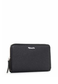 Black textured zip-around wallet with silver zipper and "Tamaris" logo on front centered against white background.