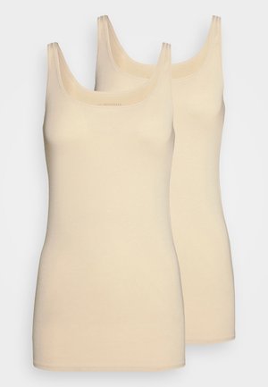 Two beige tank tops made of smooth cotton fabric. They feature wide shoulder straps and rounded necklines for comfort and fit.