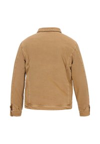 Brun bomuldsjakke med en struktureret krave, lange ærmer og knaplukning ved manchetterne. Simpelt design med en glat tekstur og ingen synlige mønstre.