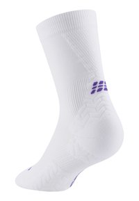 Calzino sportivo bianco con un polsino a coste, texture esagonale e dettagli viola sulla punta e sul lato. Progettato per comfort e traspirabilità.