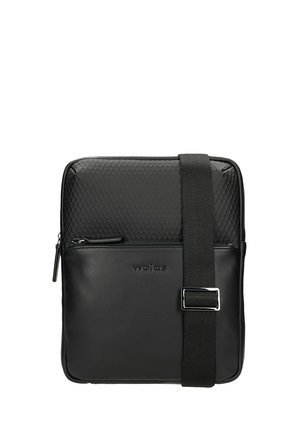 Sac à bandoulière noir avec un panneau supérieur texturé et une section inférieure lisse, doté d'une bandoulière robuste et de poches zippées pour le rangement.