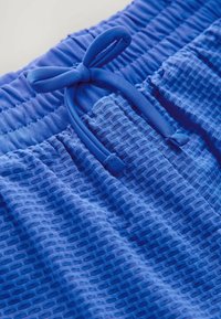Shorts deportivos azules con una tela de malla texturizada. Presenta una cintura elástica con cordón y costuras recogidas a lo largo de la parte superior.