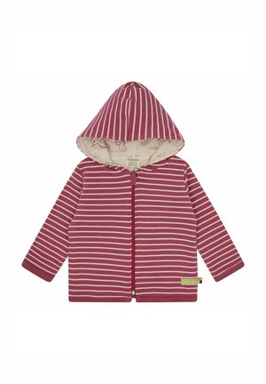 Felpa a righe color bordeaux e crema con zip frontale, maniche lunghe e cappuccio foderato con motivo animale. Realizzata in morbido cotone.