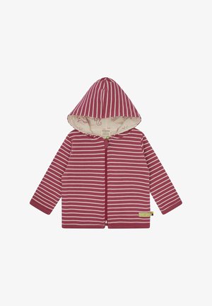 Bordeaux- und cremefarbener gestreifter Kapuzenpullover mit einem Frontreißverschluss, langen Ärmeln und einer gefütterten Kapuze mit Tiermuster. Aus weichem Baumwollmaterial.