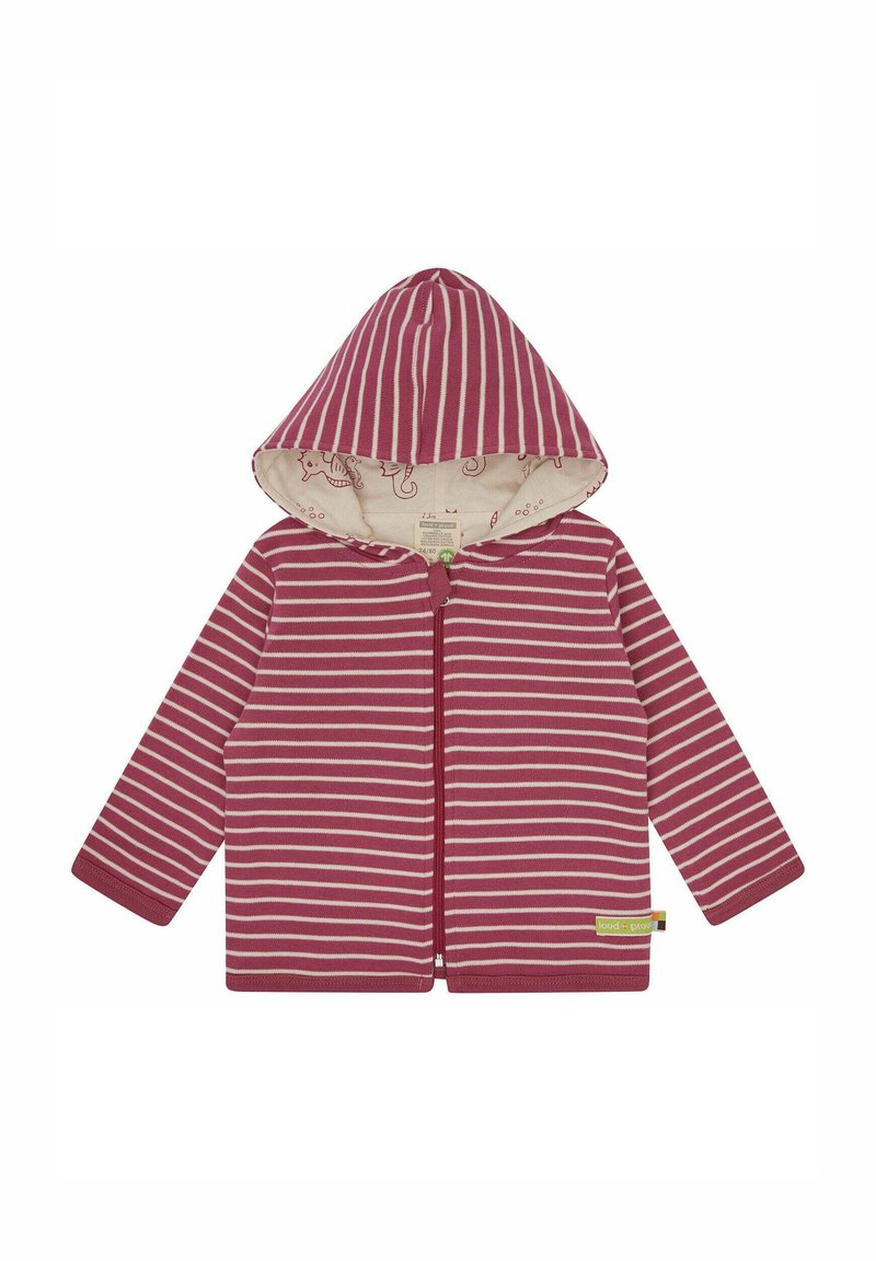 Bordeauxrood en crème gestreepte hoodie met een rits aan de voorkant, lange mouwen en een gevoerde capuchon met een dierenpatroon. Zacht katoenmateriaal.