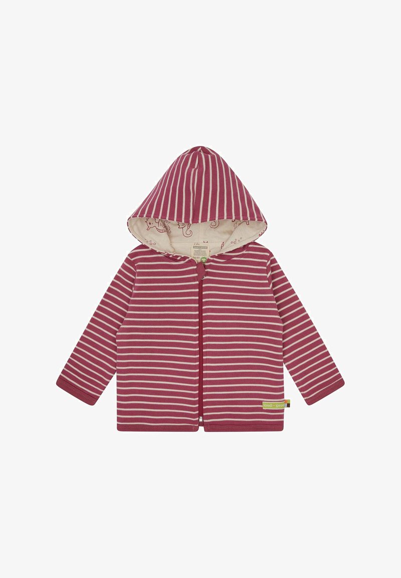 Felpa a righe color bordeaux e crema con zip frontale, maniche lunghe e cappuccio foderato con motivo animale. Realizzata in morbido cotone.