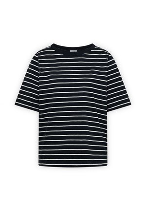 Sort T-shirt med korte ærmer, hvide vandrette striber, rund halsudskæring og afslappet pasform.