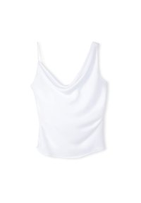 Witte mouwloze top met een drapering en een lage ronde hals. Glad materiaal met een zachte textuur. Aansluitende fit die naar de taille toe smaller wordt.