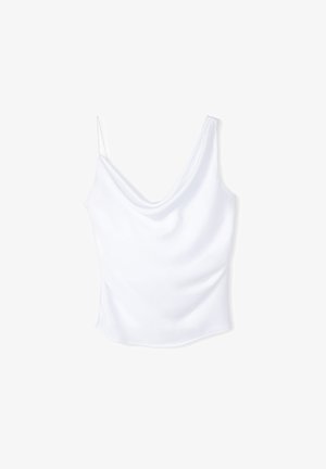 Biała bezrękawnikowa bluzka z drapowanym dekoltem. Gładki materiał o miękkiej fakturze. Dopasowany krój, który zwęża się w talii.